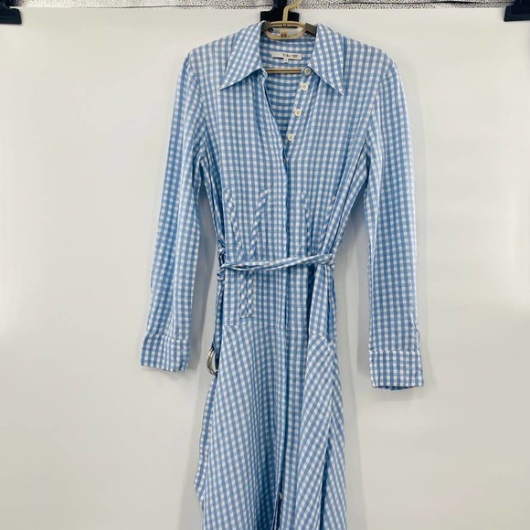 TIBI Summer-Fresh Midi Shirtdress Long Sleeve Gingham Printed Blue Size 4 - Picture 4 of 13